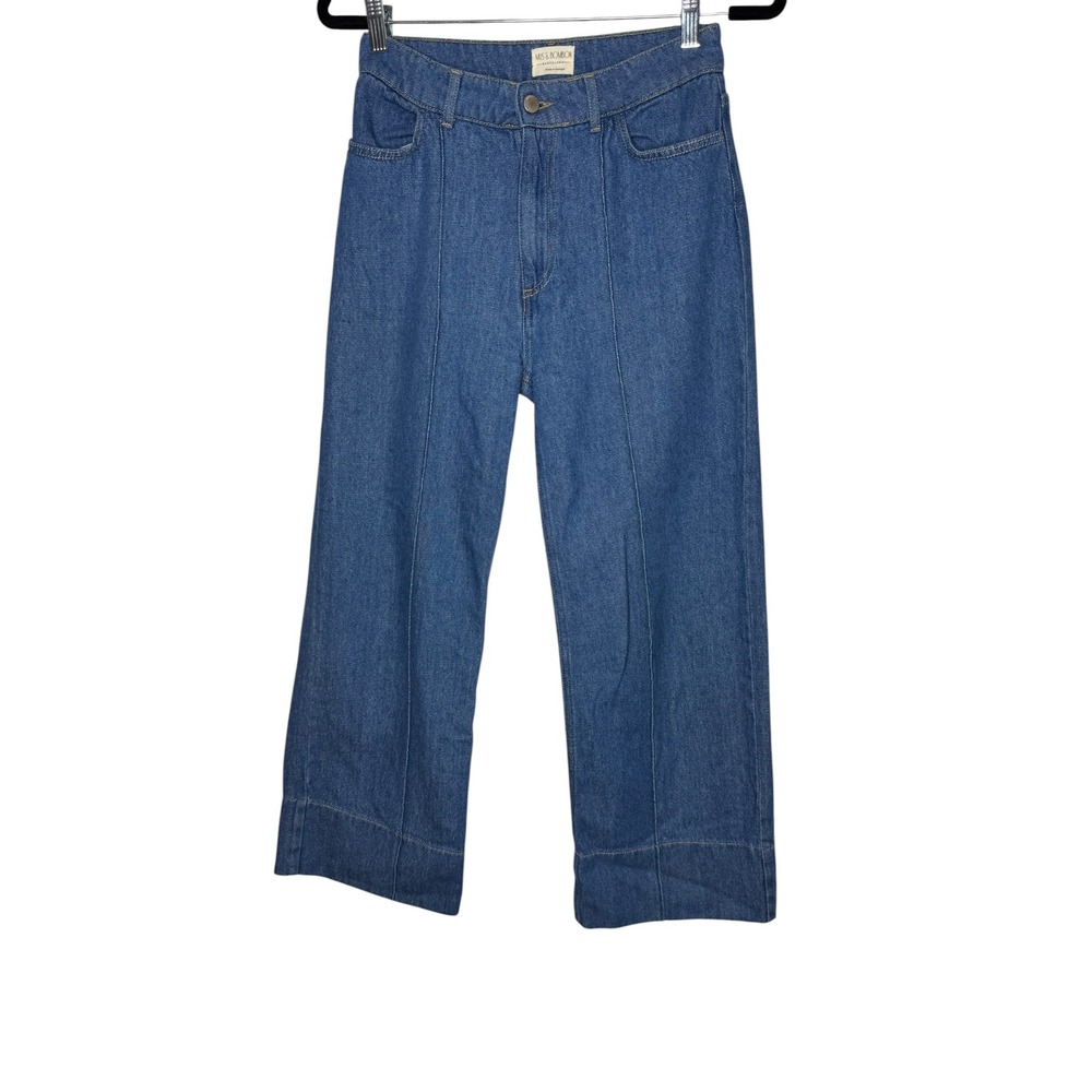 Mus & Bombon Barcelona Blue Seam Detail Straight Wide Leg Crop Jeans Small